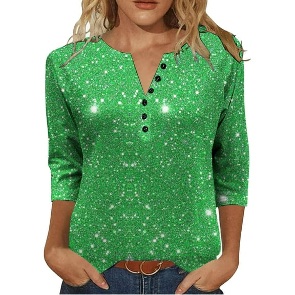 Felirenzacia Shirt for Women Glitter Sparkle Tunic Top with Buttons Casual V Neck 3/4 Sleeve Blouse