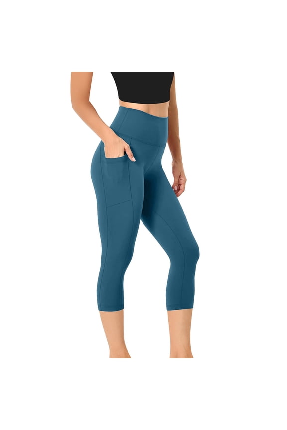 Women's Capri Not See Through Seamless Tummy Control Butt Lifting Band Waist Gym Workout Leggings with Pockets, Cropped Pilates Gym Athletic Yoga Pants