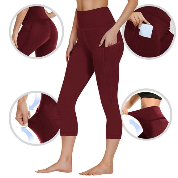 Felirenzacia Women's Capris Leggings with Pockets Tummy Control Push Up High Rise Workout Legging Wine,M