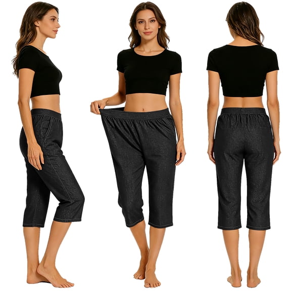 Felirenzacia Women's Capris Leggings, Faux Denim Stretchy Straight Leg Short Athletic Pants, Black,3XL