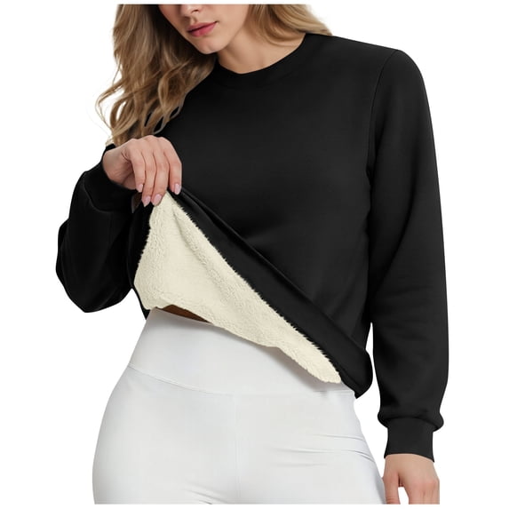 Felirenzacia Women's Carbon Black Fleece Lined Sweatshirt, Classic Basic Layered Undershirt, Sherpa Fleece Fuzzy Tops, Size: S-3XL