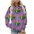 thumbnail image 1 of Felirenzacia Women's Carnival Crewneck Long Sleeve Fleece Pullover Hoodie Top, Purple&Gold Mardi Gras Mask Pattern Sweatshirt for Women, S-3XL, 1 of 6