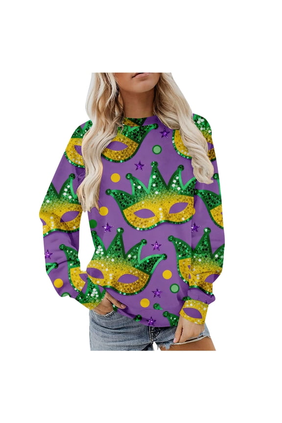 Women's Carnival Crewneck Long Sleeve Fleece Pullover Hoodie Top, Purple Mardi Gras Mask Pattern Sweatshirt for Women, S-3XL