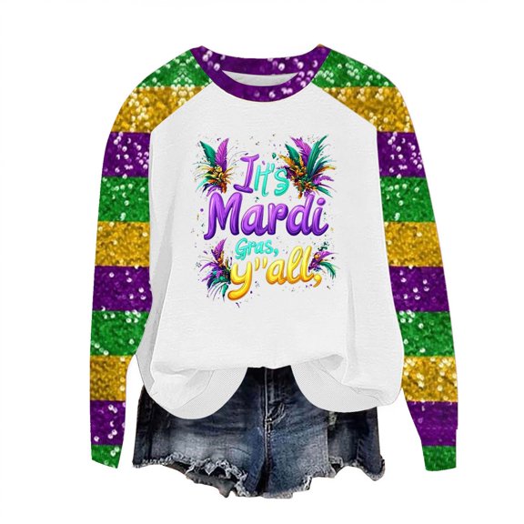 Felirenzacia Women's Carnival Crewneck Mardi Gras Long Sleeve Fleece Pullover Hoodie Top, Raglan Purple&Gold Party Mask Pattern Sweatshirt for Women, S-3XL