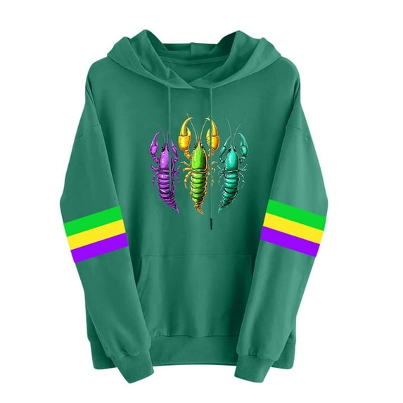 Felirenzacia Women's Carnival Hooded Sweatshirt, Mardi Gras Crewneck Long Sleeve Party Pullover Tops, S-3XL