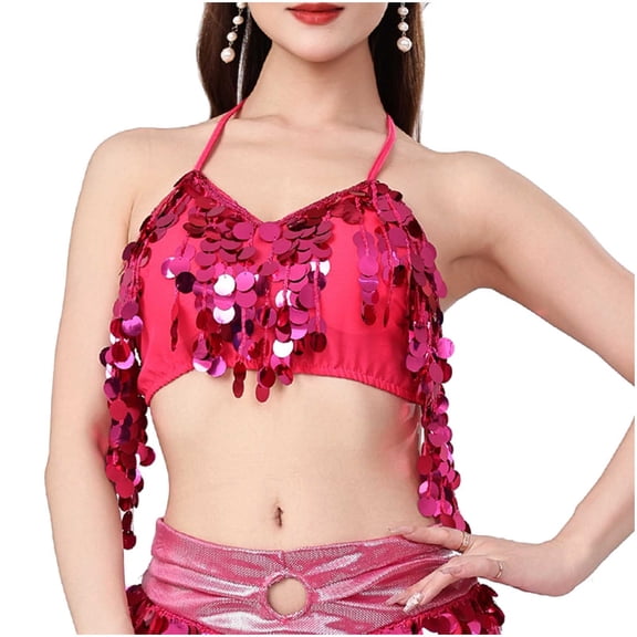 Felirenzacia Women's Carnival Sequin Padded Halter Tank Top, Fringed Spaghetti Strap Sleeveless Dance Outfit, Hot Pink,Free Size