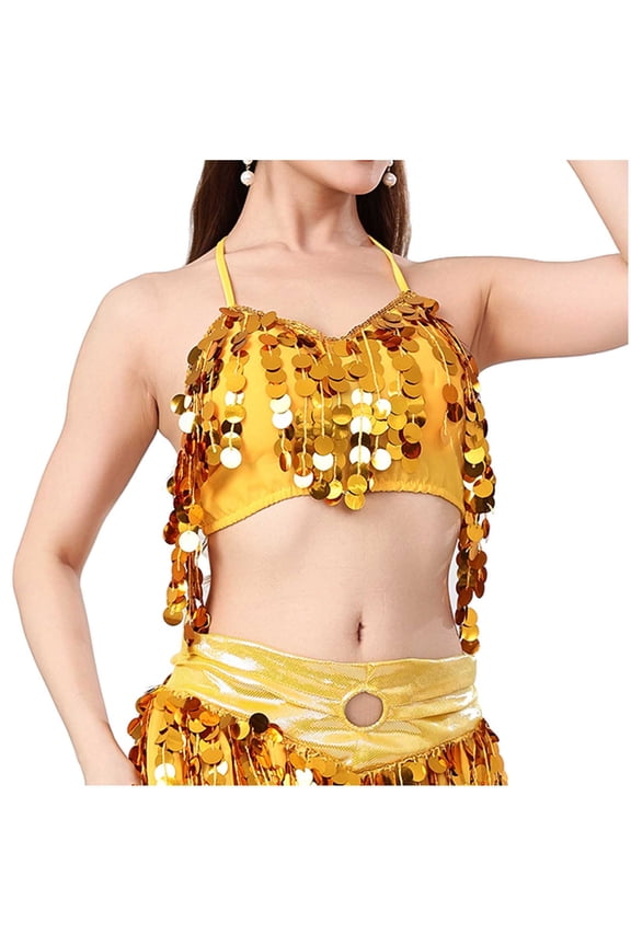 Women's Carnival Sequin Padded Halter Tank Top, Fringed Spaghetti Strap Sleeveless Dance Outfit, Yellow,Free Size