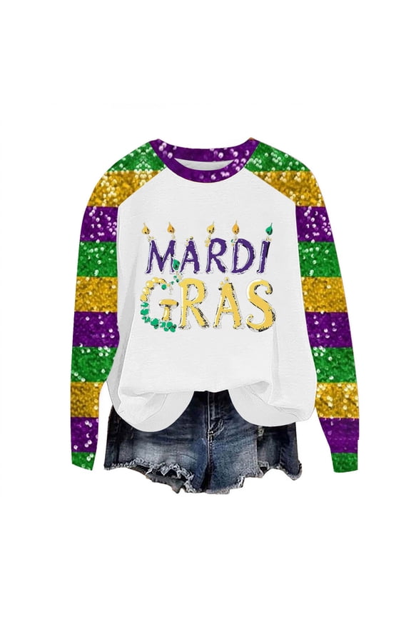 Women's Carnival Shirt, Crewneck Long Sleeve Fleece Pullover Hoodie Top, Mardi Gras Mask Pattern Sweatshirt for Women, S-3XL