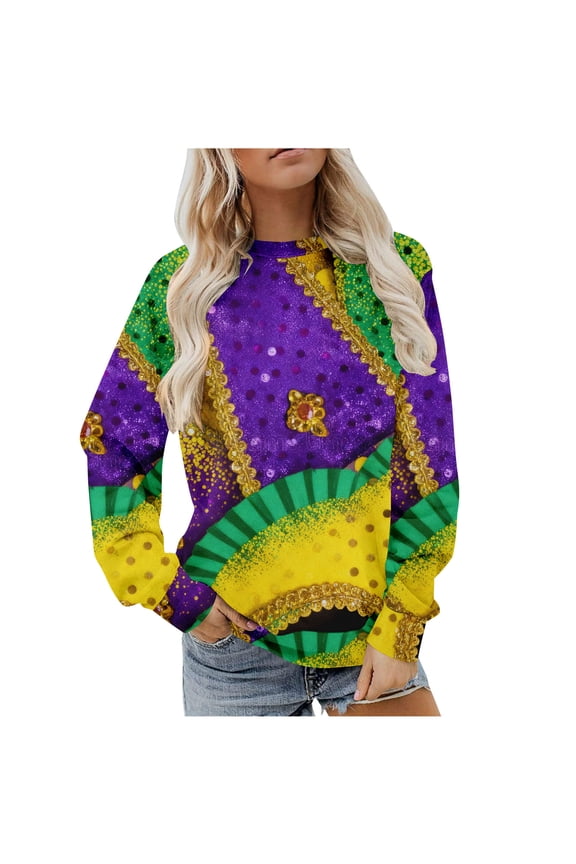 Women's Carnival Shirt, Mardi Gras Party Mask Pattern Sweatshirt for Women, Crewneck Long Sleeve Fleece Pullover Hoodie Top, S-3XL
