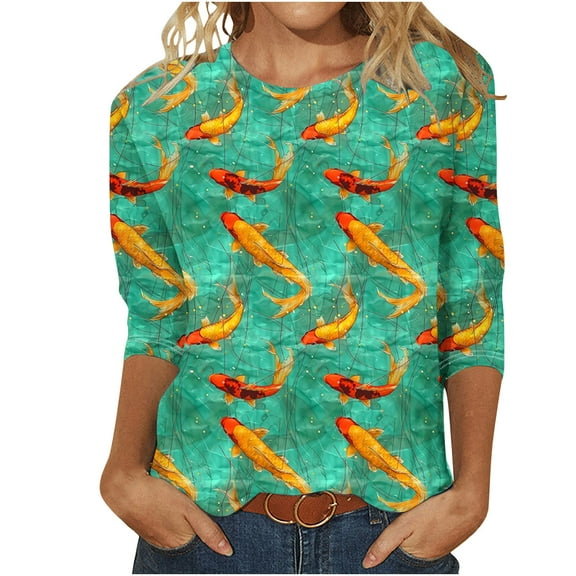 Felirenzacia Women's Casual Blouse, 3/4 Sleeve Relaxed Fit Top, Blue Stripe Abstract Artistic Design, Soft Comfortable Fabric, Lightweight, Round Neck