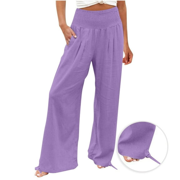 Felirenzacia Women's Casual Breathable Lightweight Wide Leg Cotton Pants with Pockets Smocked Waist Adjustable Drawstring Legs for Bussiness Vacation Wear Flowy Pants