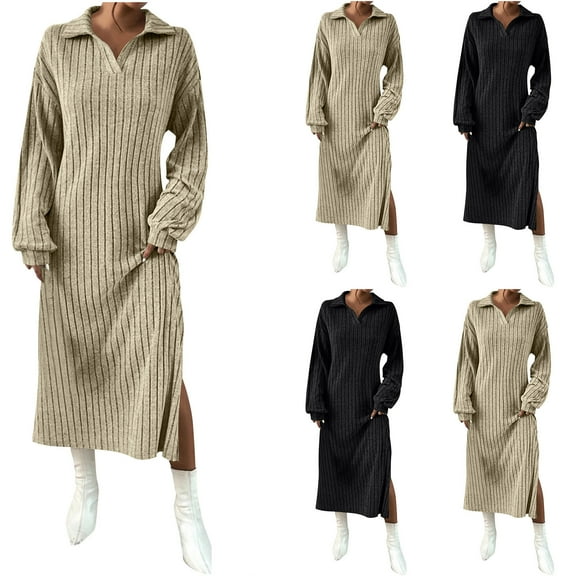 Felirenzacia Women’s Casual Dress, Fall Chunky Knit V Neck Collared Long Sleeve Sexy Slit Loose Midi Dress, Wear to Work Dress