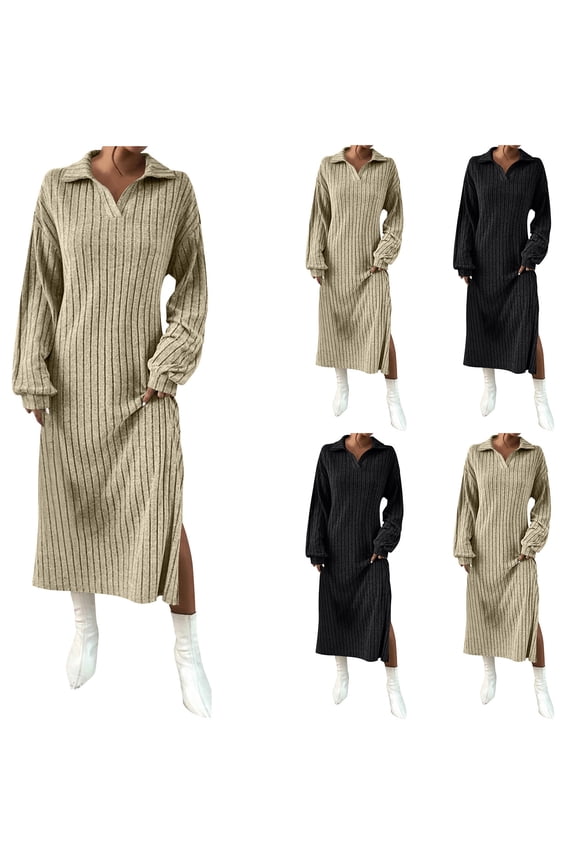 Women’s Casual Dress, Fall Chunky Knit V Neck Collared Long Sleeve Sexy Slit Loose Midi Dress, Wear to Work Dress