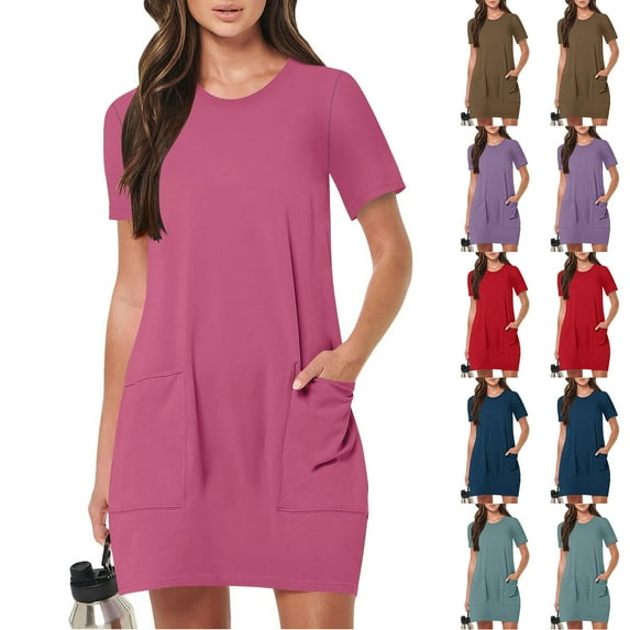 Felirenzacia Women’s Casual Knee Length Dress with Pockets, Hide Belly Short Sleeve Round Neck A Line Dress, Stretchy Breathable Comfortable Summer Work and Daily Wear