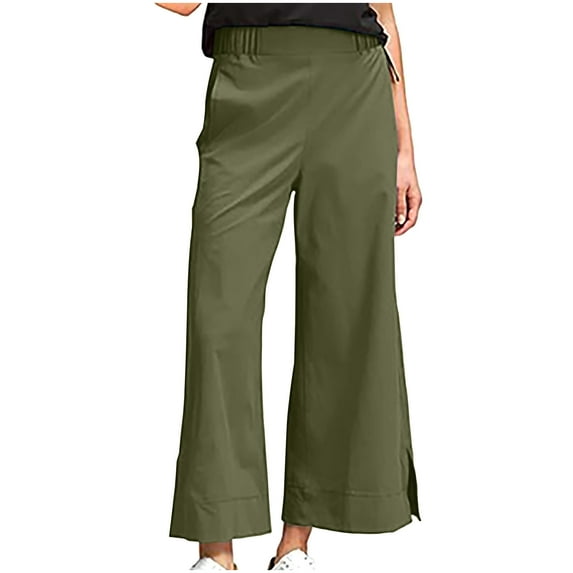 Felirenzacia Women’s Casual Lounge Pants Comfy Linen Cotton Blends Loose Wide Leg Trousers with Pockets Lightweight Breathable Side Slit Pj Pants
