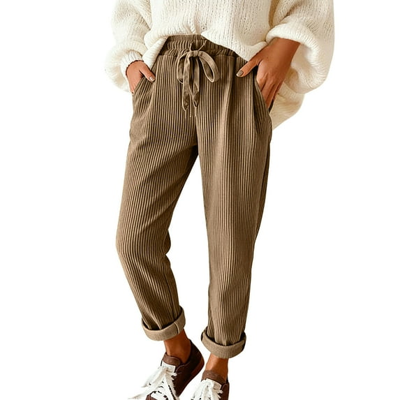 Felirenzacia Women's Casual Solid Corduroy Straight Leg Pants With Pockets, Black,XL