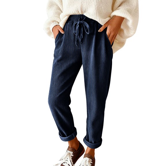 Felirenzacia Women's Casual Solid Corduroy Straight Leg Pants With Pockets, Navy,XL