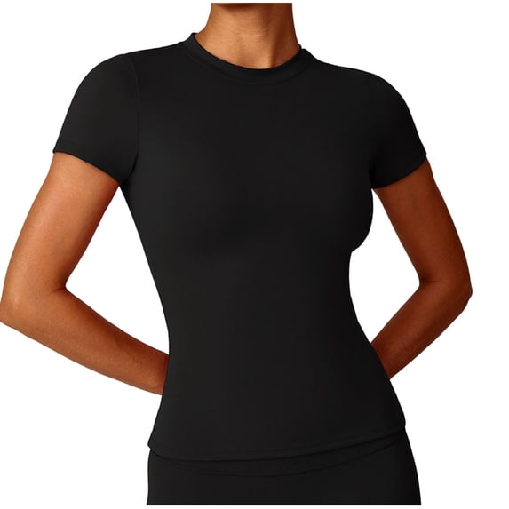 Felirenzacia Women's Casual Summer Short Sleeves Shirts Top Athletic Fitted Moist Wicking Crew Neck Tee for Yoga Workout Black,XL