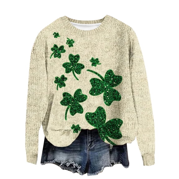 Felirenzacia Women’s Clover Sweatshirt St. Patrick Theme Pullover Tops Holiday Graphic Shirt Warm Cozy Daily Tops, Multicolor,M