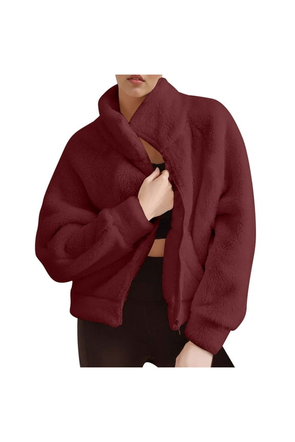 Women's Coat Casual Stand Collar Fleece Fuzzy Soft Faux Shearling Zipper Coats Warm Winter Oversized Outwear Jackets
