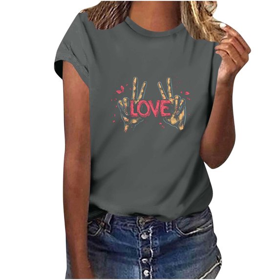 Felirenzacia Women's Cotton Graphic T-Shirt Love Peace Sign Heart Print Boxy Short Sleeve Pullover Tee Tops Dark Gray,XXL