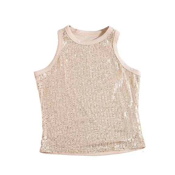 Felirenzacia Women's Crew Neck Metallic Shimmer Sequin Sleeveless Camisole Tank Top, Beige,M