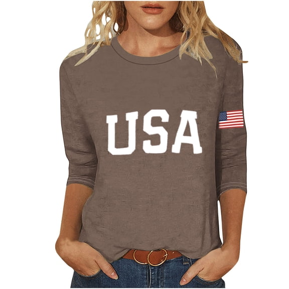 Felirenzacia Women's Crewneck Pullover Tops Independence Day Graphic Tee Casual Stars ans Stripes T Shirt S