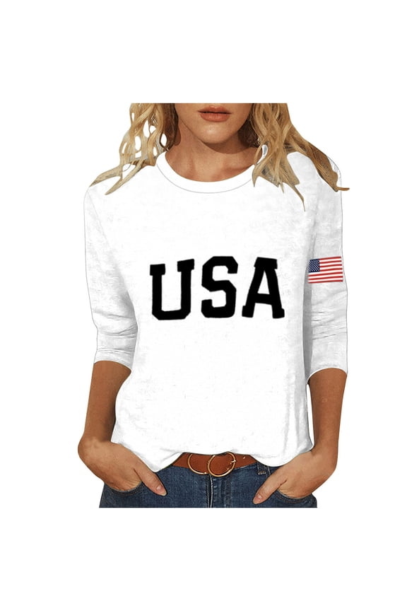 Women's Crewneck Pullover Tops Independence Day Graphic Tee Casual Stars ans Stripes T Shirt S
