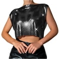 thumbnail image 1 of Felirenzacia Women's Cropped Boat Neck Tank Top, Metallic Shiny Sequin Club Party Short Tee, Black,Free Size, 1 of 6