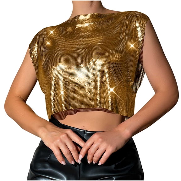 Felirenzacia Women's Cropped Boat Neck Tank Top, Metallic Shiny Sequin Club Party Short Tee, Gold,Free Size
