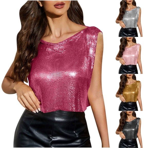 Felirenzacia Women's Cropped Boat Neck Tank Top, Metallic Shiny Sequin Club Party Short Tee, Hot Pink,Free Size