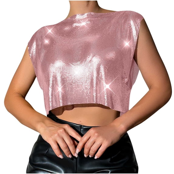 Felirenzacia Women's Cropped Boat Neck Tank Top, Metallic Shiny Sequin Club Party Short Tee, Pink,Free Size