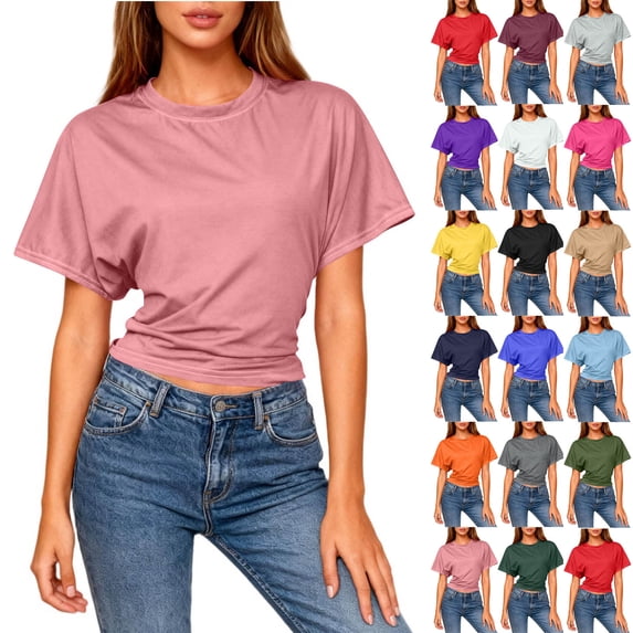 Felirenzacia Women's Cropped Fitted Cinched Waist Short Sleeves Summer Tee Tops Crew Neck Pullover T Shirt for Women's Pink,L