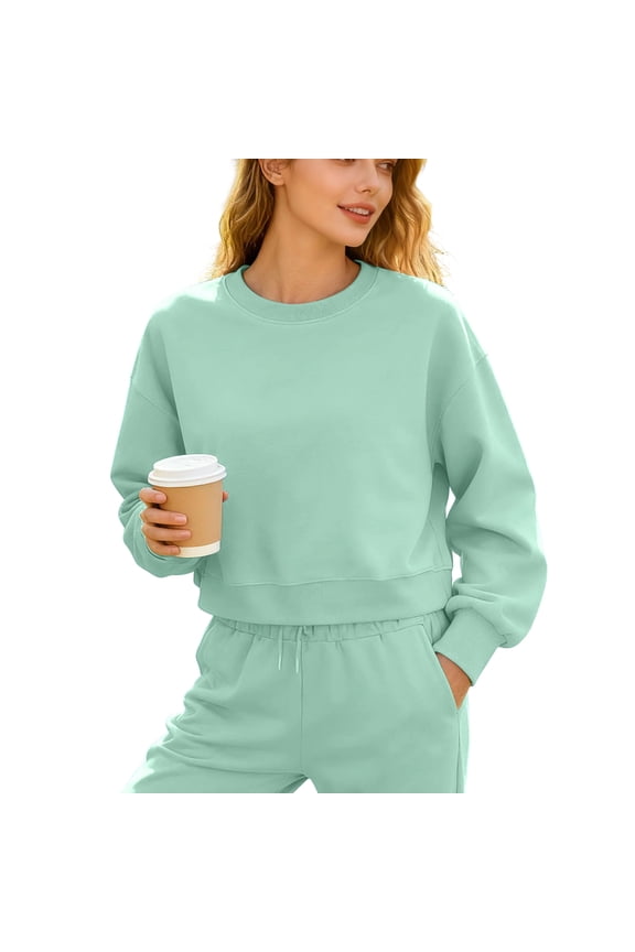 Women's Cropped Hoodie, Elastic Waistband Cuffed Pullover Tops, Crewneck Long Sleeve Sweatshirt, 350g, S-3XL