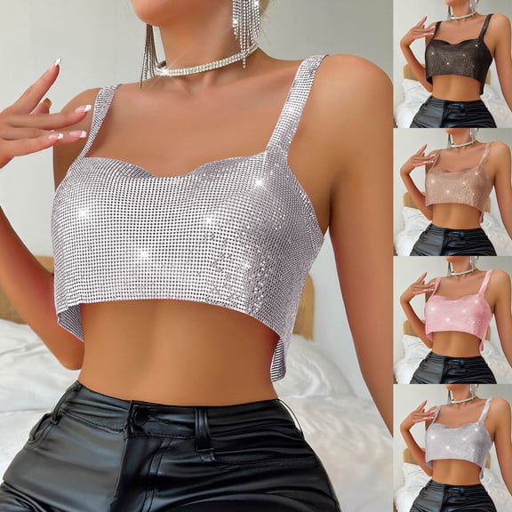 Felirenzacia Women's Cropped Square Neck Wide Strap Glitter Sequin Tank Top, Silver,Free Size (4-8)