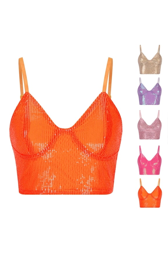 Women's Cropped V Neck Spaghetti Strap Sequin Tank Top, Sexy Open Back Top, Orange,XL (10)