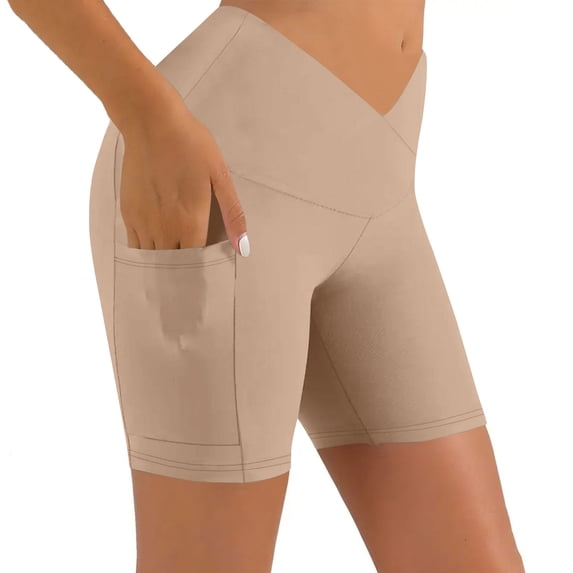 Felirenzacia Women's Cross Front Short Leggings with 2 Side Pockets 17'' Strtchy Athletic Pilates Pants Khaki,M