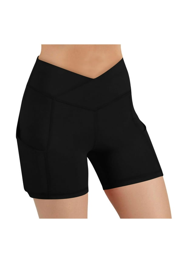 Women's Cross Front Waist Short Leggings with Side Pockets Athletic Mini Pilates Shorts Black,XL