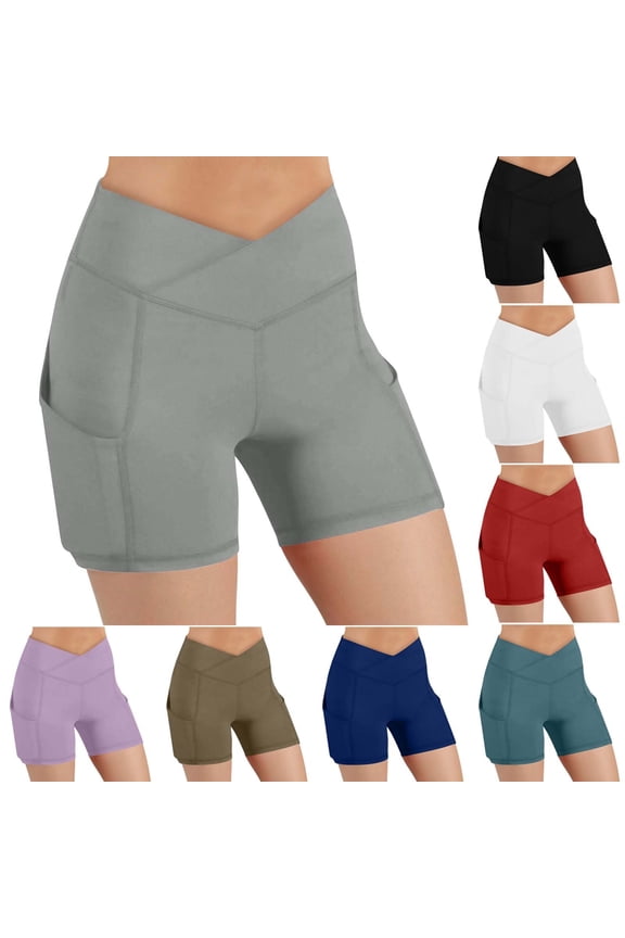 Women's Cross Front Waist Short Leggings with Side Pockets Athletic Mini Pilates Shorts Gray,L