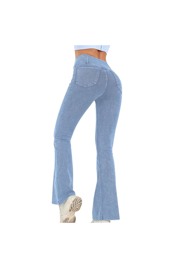 Women's Crossover High Waisted Bootcut Flare Jeans, Bell Bottom Stretch Denim Yoga Pants with Tummy Control