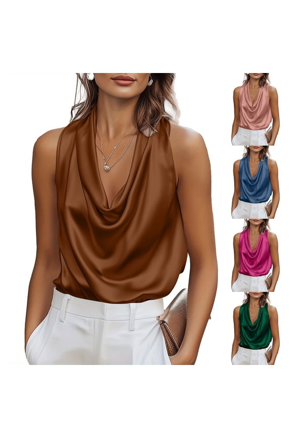 Women's Crowl Neck Satin Halter Tank Top, Sleeveless Bussiness Blouse,Brown,M