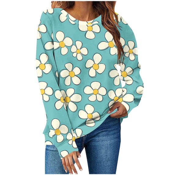 Felirenzacia Women's Daisy Printed Sweatshirts, Multicolor Floral Printed Pullover Top ,Light Blue,L