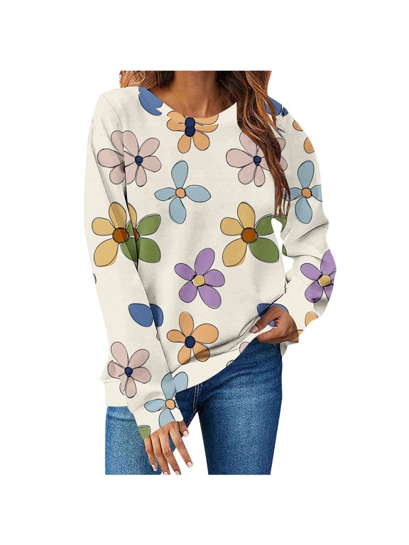 Women's Daisy Printed Sweatshirts, Multicolor Floral Printed Pullover Top, Size: S-2XL