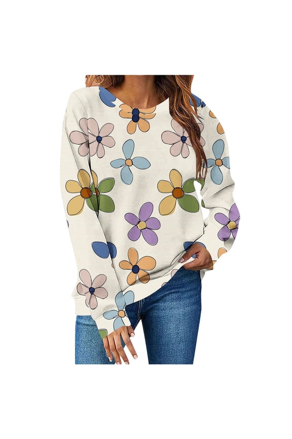 Women's Daisy Printed Sweatshirts, Multicolor Floral Printed Pullover Top, Size: S-2XL