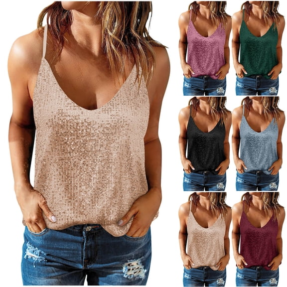 Felirenzacia Women’s Deep V Neck Sequin Tank Top, Sleeveless Sparkly Glitter Sexy Club Wear, Khaki,M