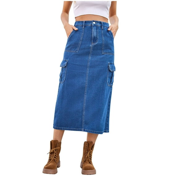Felirenzacia Women’s Denim Cargo Midi Skirt, High Waist Blue Jean Skirt with Cargo Patch Pockets, Button Front, Casual Y2K Strertwear Style