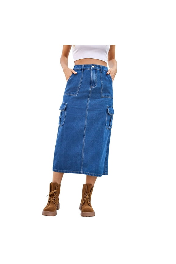 Women’s Denim Cargo Midi Skirt, High Waist Blue Jean Skirt with Cargo Patch Pockets, Button Front, Casual Y2K Strertwear Style