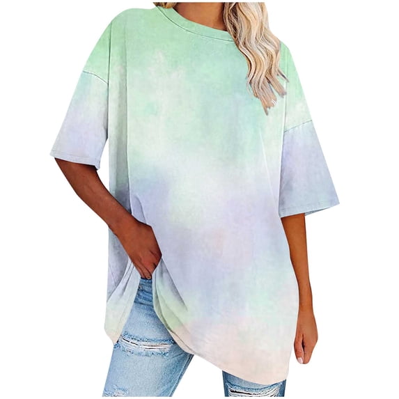 Felirenzacia Women's Dressy Shirts V Neck T Shirt Plus Size Summer Short Sleeves Tie Dyed Tee Boxy Pullover Top for Big and Tall Green,M