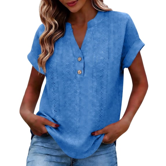 Felirenzacia Women's Eyelet Embroidery Blouse V Neck Button Down Short Sleeve Henley Tops with Rolled Cuffs, Casual Summer Tunic Shirts for Ladies Blue,S