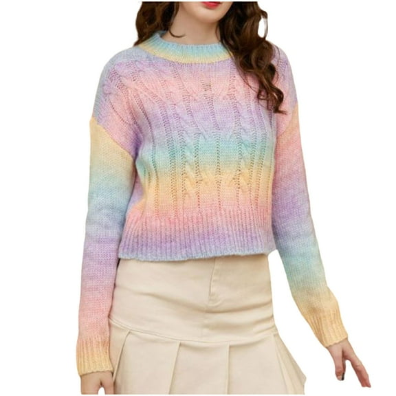 Felirenzacia Women's Fall Long Sleeve Oversized Crew Neck Gradient Stripped Knit Pullover Sweater Tops